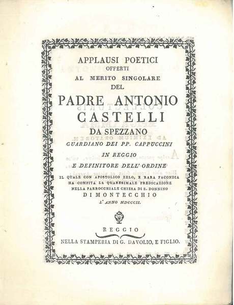 Applausi poetici offerti al merito singolare del Padre Antonio Castelli …