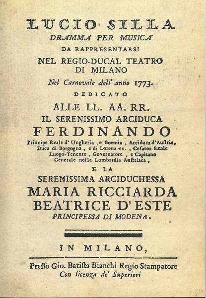 Lucio Silla. Dramma per musica in tre atti. Teatro alla …