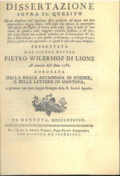 Dissertazione sopra il quesito essendo dimostrato dall'esperienza essere necessaria all'acqua …