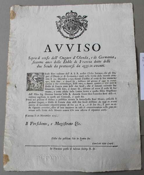 Avviso sopra il corso dell'Ongaro d'Olanda e di Germania, siccome …