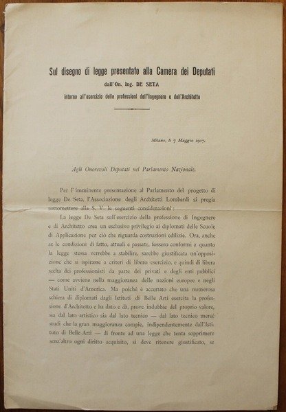 Sul disegno di legge presentato alla Camera dei Deputati intorno …