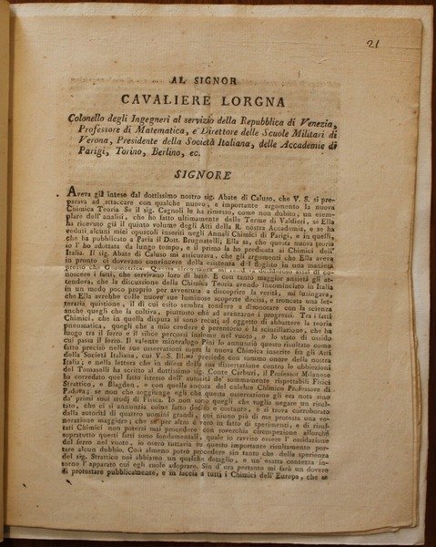Al Signor Cavaliere Lorgna Colonello degli Ingegneri al servizio della …
