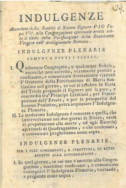 Indulgenze accordate dalla Santità di Nostro Signore Pio Papa VII …