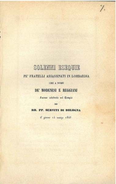 Solenni esequie pe' fratelli assassinati in Lombardia che a nome …