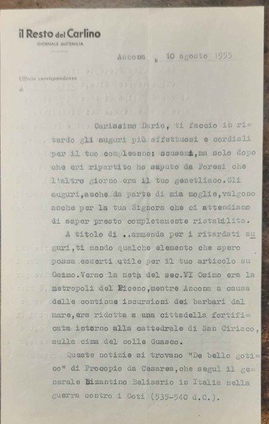 Lettera su carta intestata Il Resto del Carlino, dattiloscritta con …