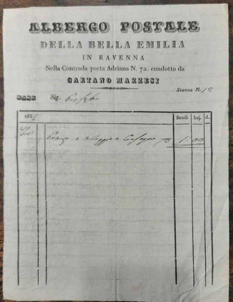 Ricevuta dell' Albergo Postale della Bella Emilia in Ravenna nella …