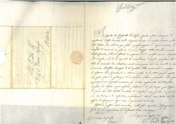 Foglio viaggiato e datato: "Bologna, 10 agosto 1821"