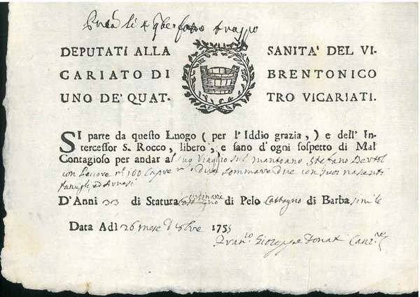 Deputati alla sanità del vicariato di Brentonico uno de' quattro …