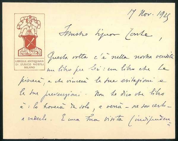 Cartoncino con logo della Libreria Hoepli datata 17 Novembre