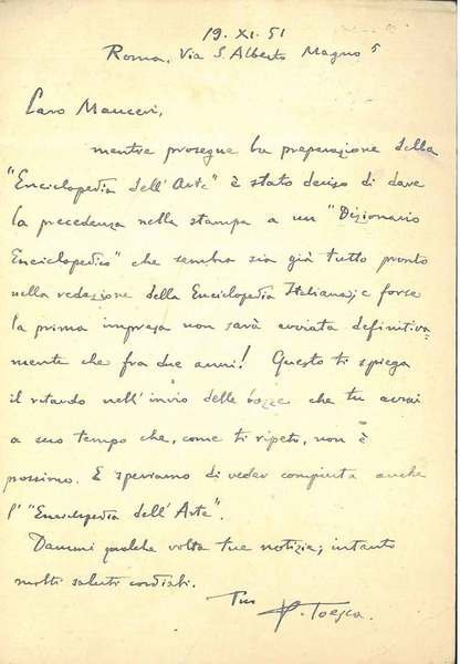 Cartolina postale viaggiata: "Roma, 20.11.1961" inviata a Enrico Marcucci