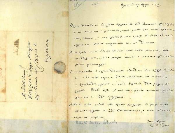 Foglio piegato a metà datato: "Roma, li 14 agosto 1819"