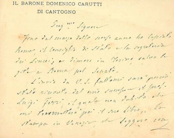 Biglietto intestato: "Il Barone Domenico Carutti di Cantogno" datato: "Torino, …