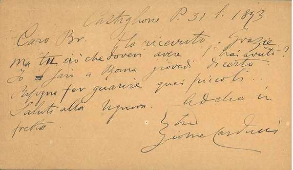 Cartolina postale viaggiata: "Castiglione dei Pepoli, 31 lug. 93", indirizzata …