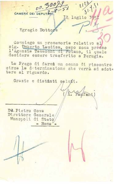 Carta intestata "Camera dei Daputati", datata 12 luglio 1951