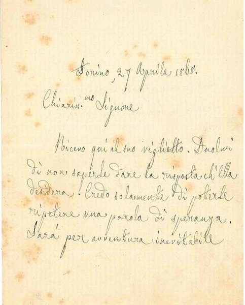 Foglietto bianco diviso a metà, datato "Torino, 27 aprile 1868"