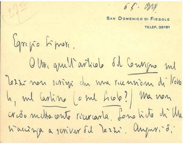 Cartoncino intestato: "San Domenico di Fiesole" e datato: "6. 5. 1919"