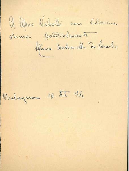 Foglio bianco con dedica a Mario Vivarelli, autografa e firmata …