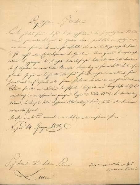Foglio datato: " Napoli, 19 giugno 1838"