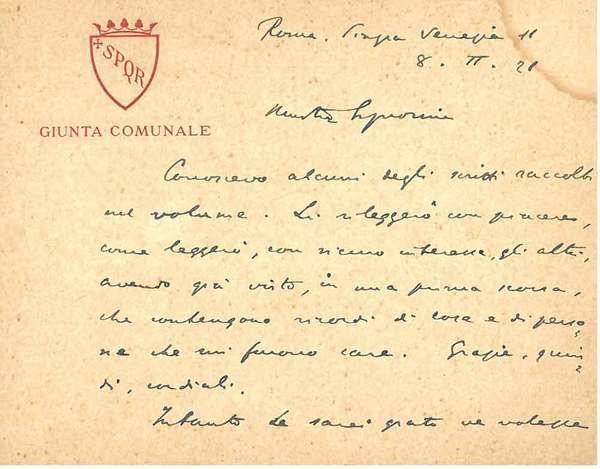 Biglietto con intestazione "SPQR, giunta comunale" e busta intestata: "Ufficio …