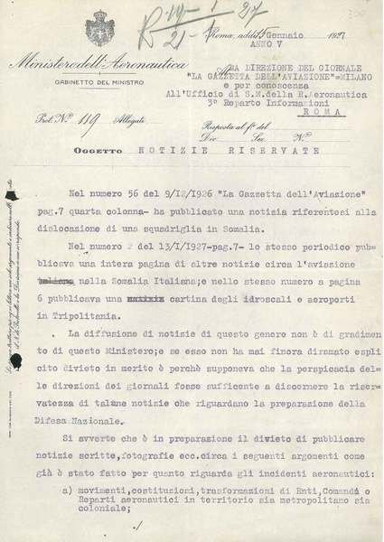 Carta intestata: "Ministero dell'Aeronautica, Gabinetto del Ministro", datata "Roma 15 …