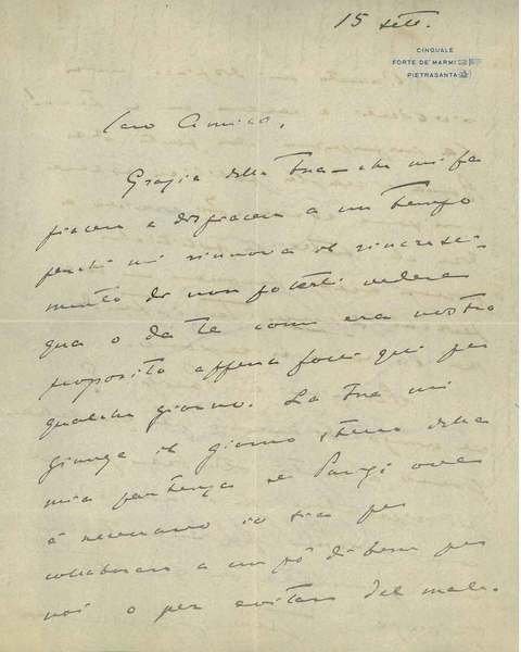 56 righe autografe e firmate su carta intestata: Cinquale, Forte …