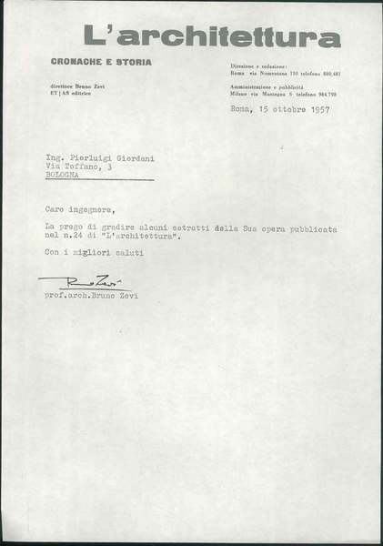 Lettera su carta intestata di rivista datata Roma, 15 Ottobre