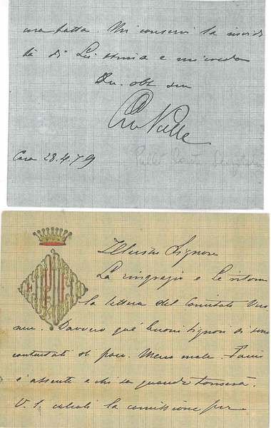 Cartoncino quadrettato in blu con mogramma nobiliare in rosso e …