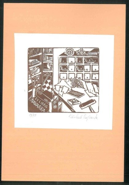 Ex libris per l'artista Navarra con incisione numerata 19/75 in colore marrone con firma autografa di Rapisarda
