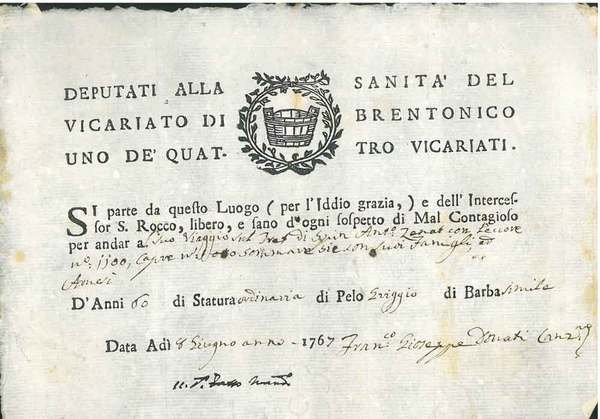 Passaporto originale : Deputati alla sanita' del vicariato di Brentonico …