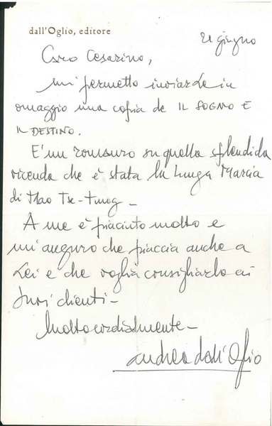 Foglio intestato: "Dall'Oglio Editore", datato "21 giugno"