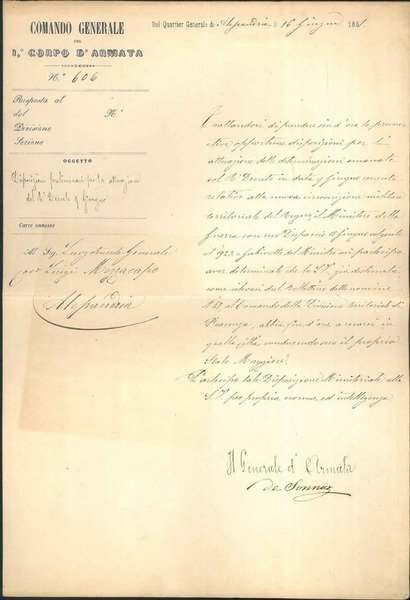 Carta intestata del Comando Generale del Corpo d'Armata datata Alessandria, …