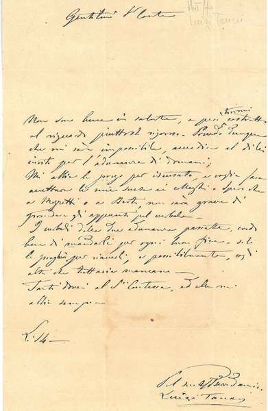 Foglio bianco di 13x21 cm, con 14 righe autografe e firmate in cui Tanari dichiara: ". mi sarà impossibile aderire al di Lei invito per l'adunanza di domani."