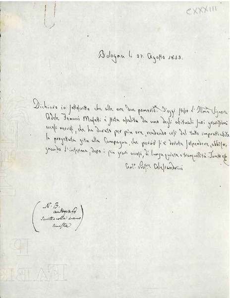 Foglio bianco con 5 righe autografe e firmate dal prof. …