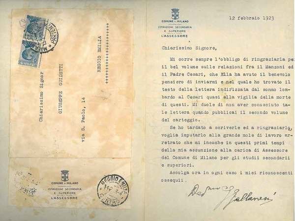 Foglio piegato intestato: "Comune di Milano, Istruzione secondaria e superiore, …