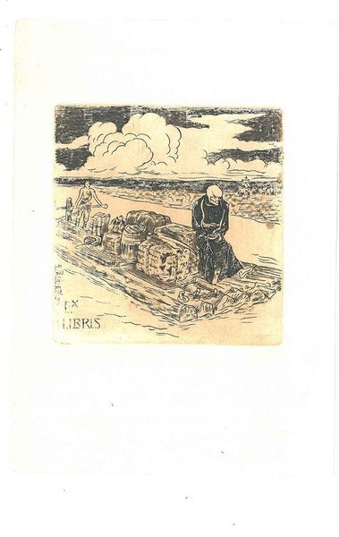 Ex libris inciso in rame "La morte in viaggio su una zattera sul fiume"