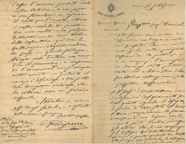 Foglio piegato a metà con intestazione: "Reale Accademia Albertina di …