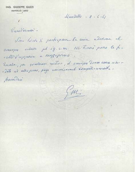 Foglio intestato: Ing. Giuseppe Guzzi, Mandello Lario, datato: 8-6-61