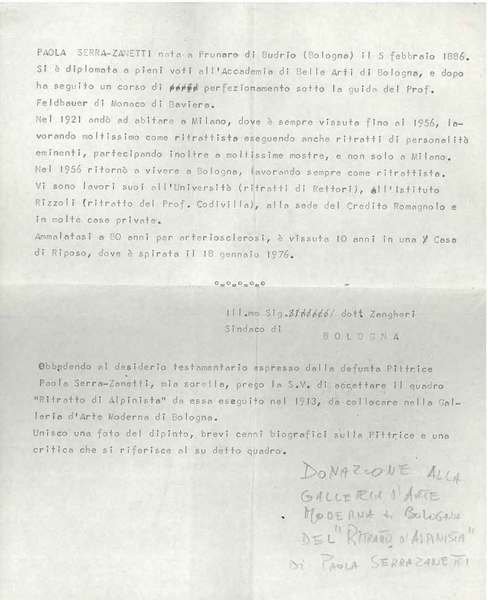 Foglio inviato al Sindaco di Bologna Renato Zangheri