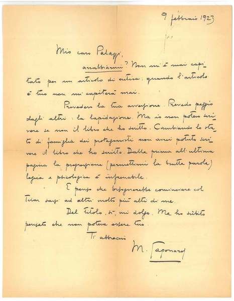 Lettera manoscritta e autografa di 15 righe inviata a Palazzi …