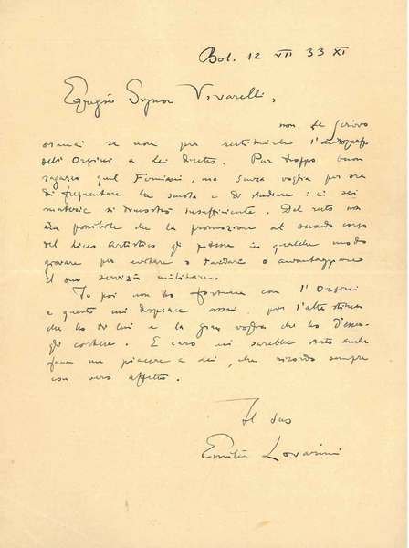 Foglio piegato a metà datato: " Bol, 12 VII 33 …