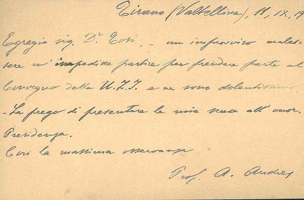 Cartolina postale viaggiata, inviata ad Alessandro Tosi e datata: "11-9-1903"