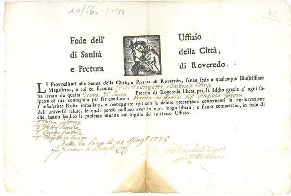 Fede dell'uffizio di sanità della città e pretura di Roveredo. …