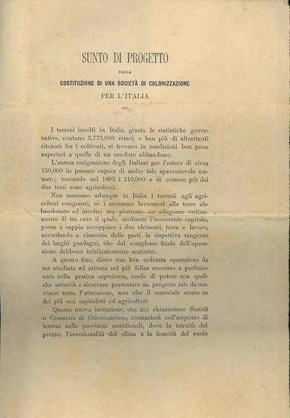 Sunto di progetto pella costituzione di una società di colonizzazione …