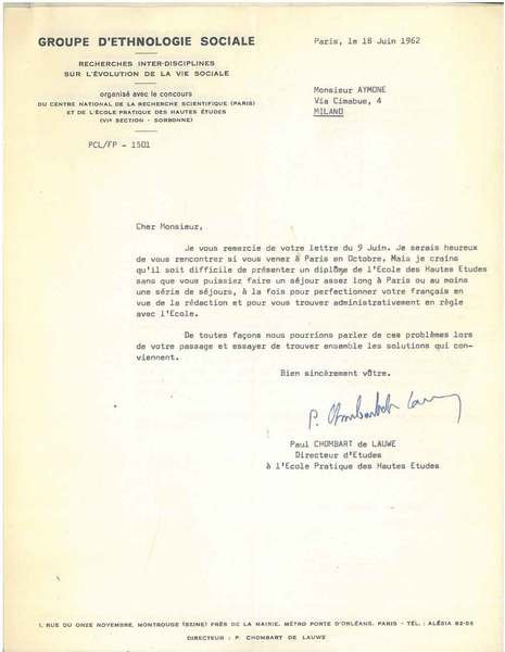 Due lettere su carta intestata: "Groupe d'ethnologie sociale, recherches interdisciplines …