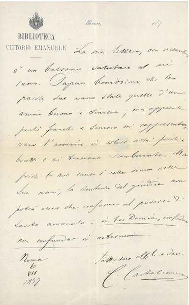 Lettera su carta intestata: "Biblioteca Vittorio Emanuele" e datata: "Roma, …