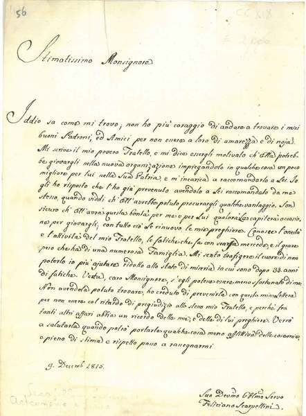 Foglio datato: "9 dicemb. 1815" e inviato a ". Monsig.e …