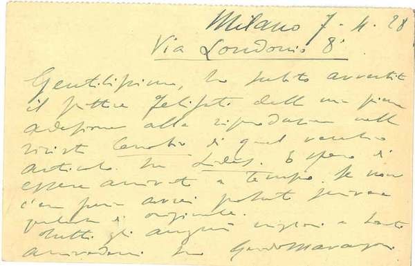 Cartolina con disegno architettonico in verde, intestata: "La Casa Bella" …