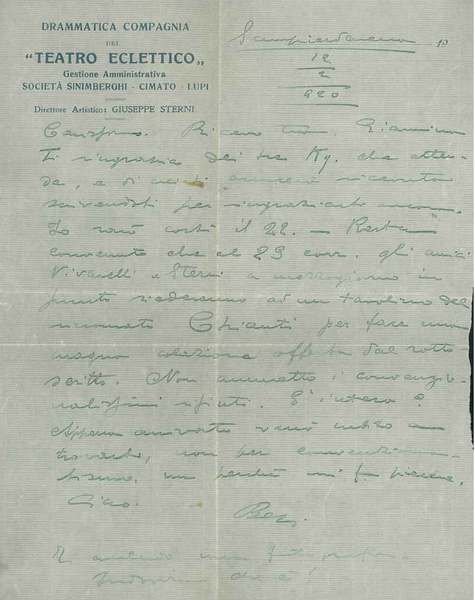 Lettera di due pagine su carta intestata: Drammatica compagnia del …