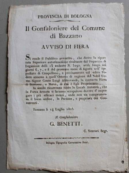 Provincia di Bologna. Il Gonfaloniere del Comune di Bazzano. Avviso …