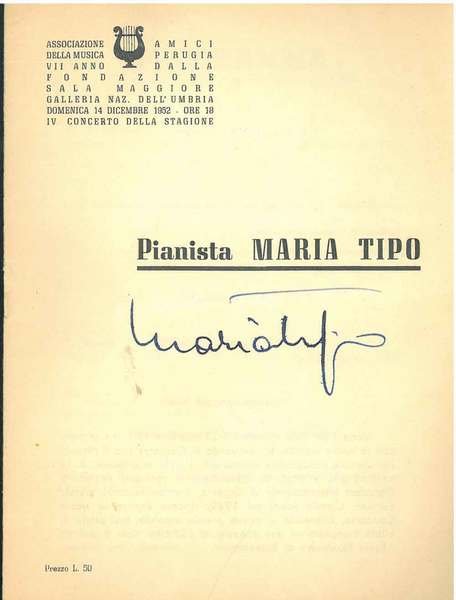 Firma autografa della celebre pianista alla copertina del programma di …